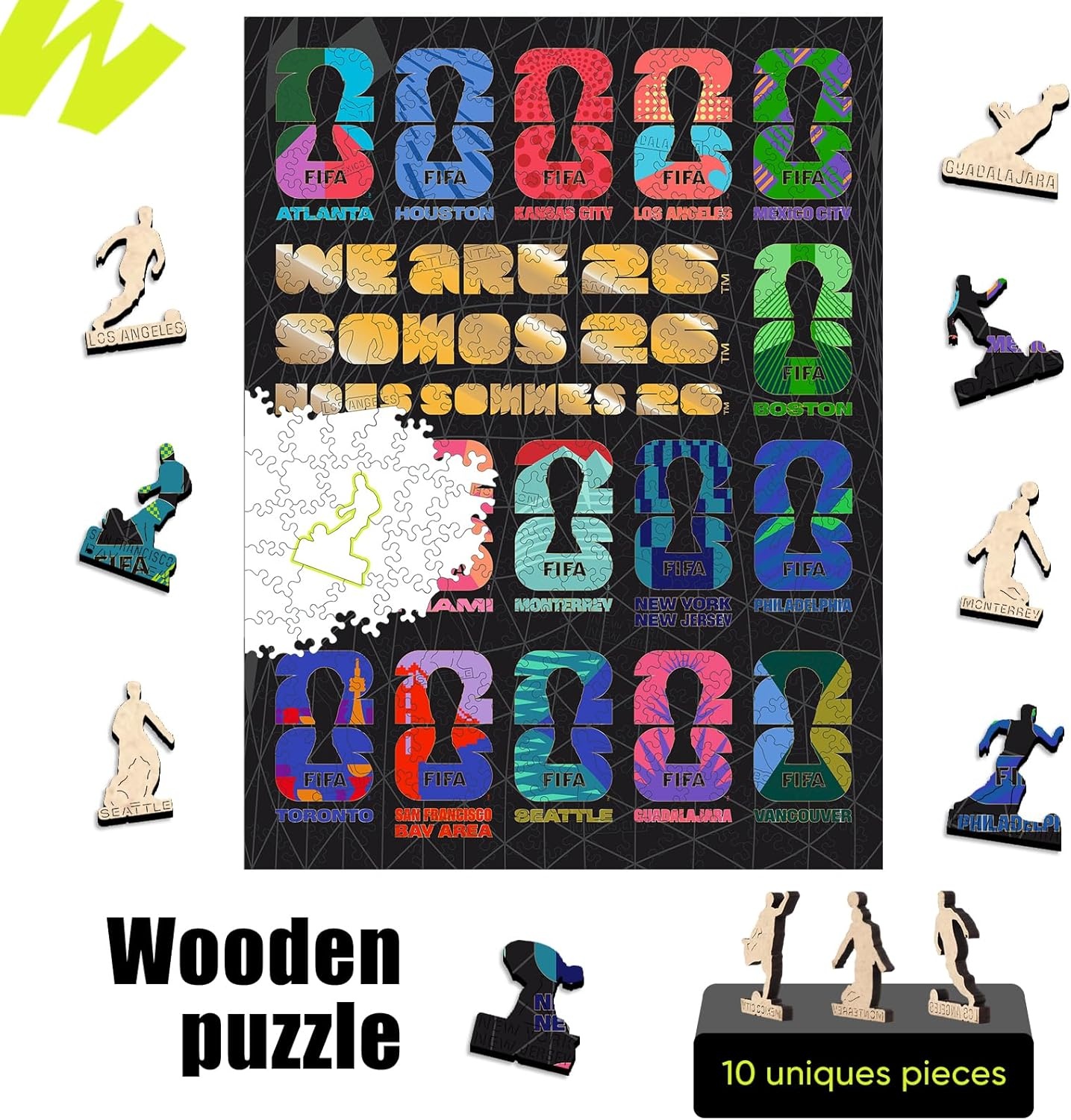 FIFA USA Poster Wooden Puzzle for Adult, 200 Pieces Irregular Shape Puzzle, 5MM Thick, Creative Collectible Gift for Fans, Officially Licensed Product, 11 x 11(Host Cities-300)