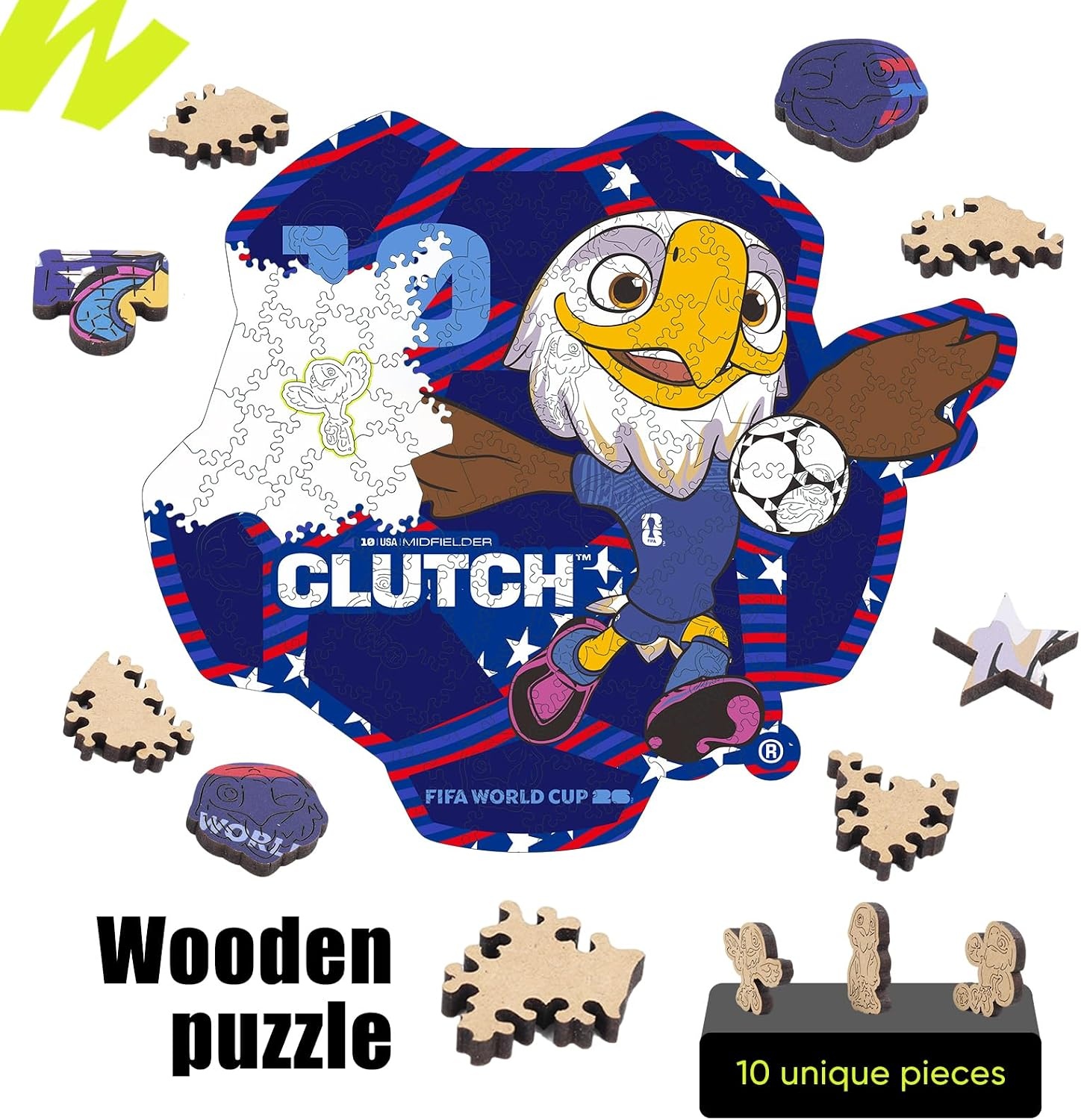 FIFA USA Poster Wooden Puzzle for Adult, 200 Pieces Irregular Shape Puzzle, 5MM Thick, Creative Collectible Gift for Fans, Officially Licensed Product, 11 x 11(Usa Mascot Clutch)