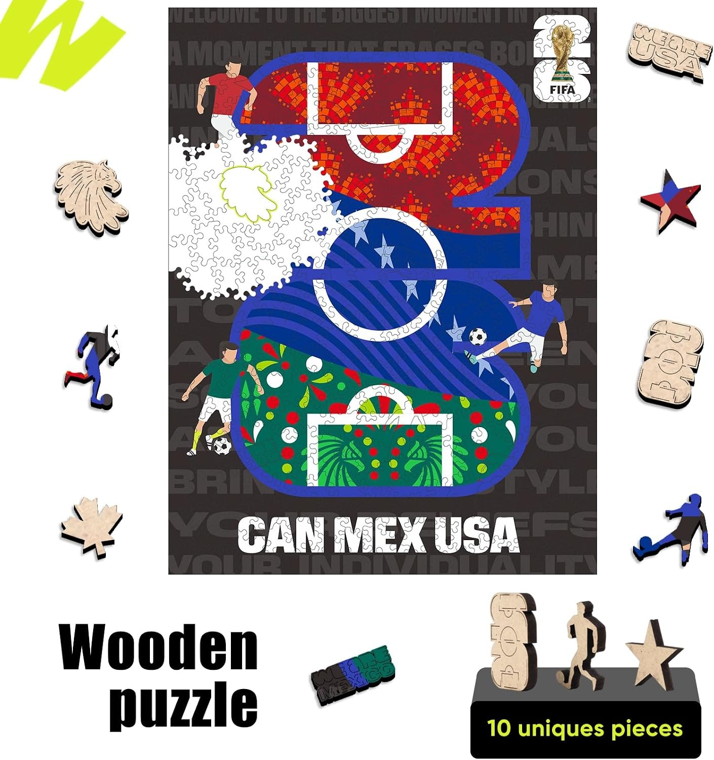 FIFA USA Poster Wooden Puzzle for Adult, 200 Pieces Irregular Shape Puzzle, 5MM Thick, Creative Collectible Gift for Fans, Officially Licensed Product, 11 x 11(Fifa Can/Mex/Usa Logo Field)