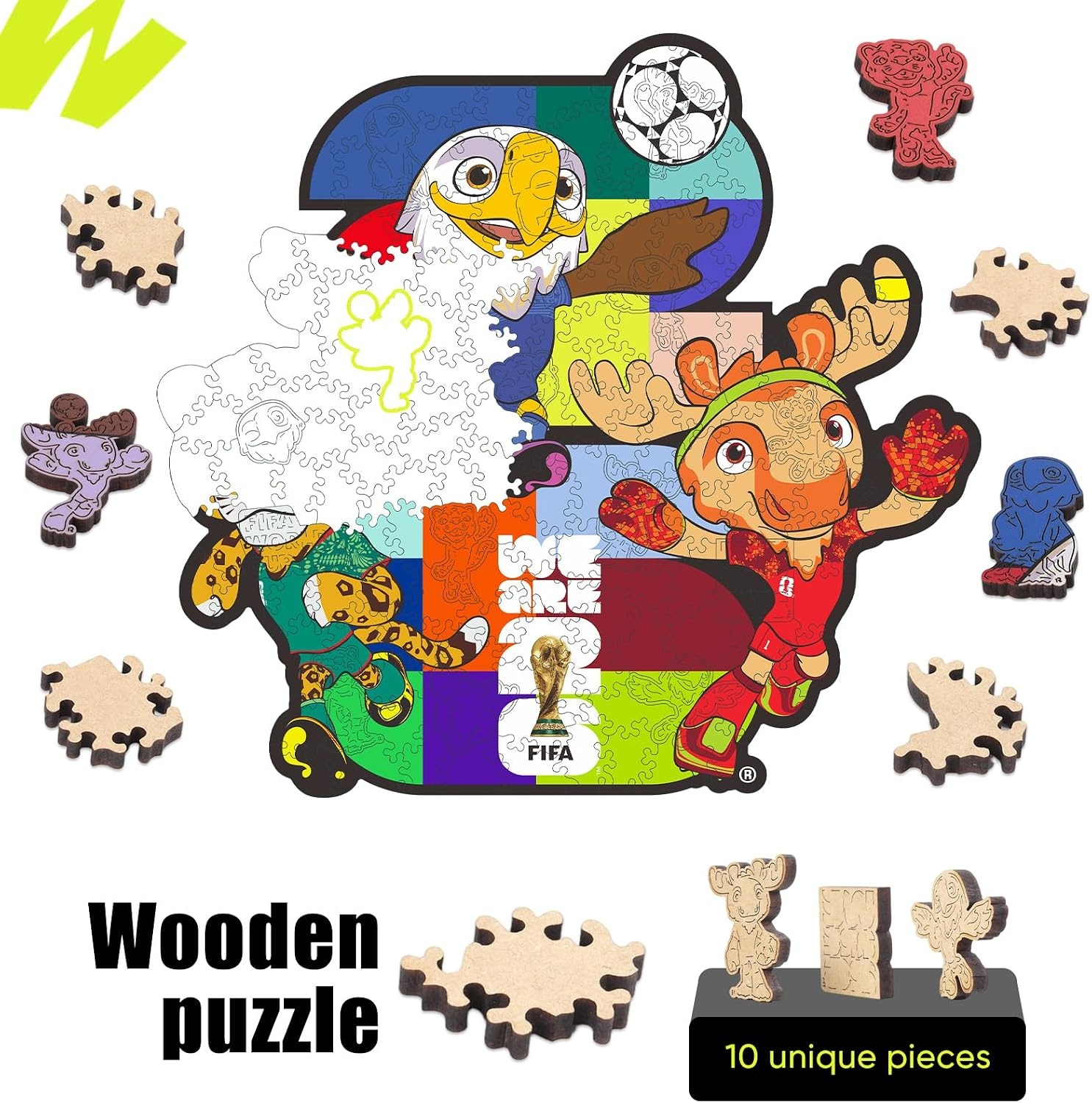 FIFA USA Poster Wooden Puzzle for Adult, 200 Pieces Irregular Shape Puzzle, 5MM Thick, Creative Collectible Gift for Fans, Officially Licensed Product, 11 x 11(Can/Mex/Usamascots)