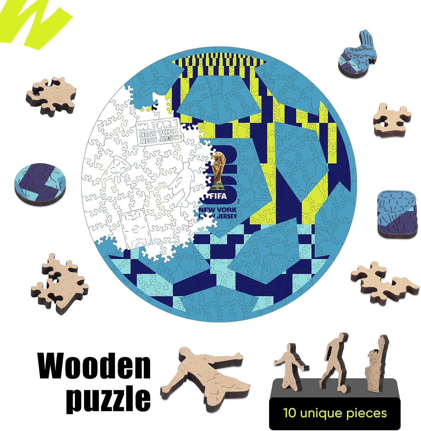 FIFA USA Poster Wooden Puzzle for Adult, 200 Pieces Irregular Shape Puzzle, 5MM Thick, Creative Collectible Gift for Fans, Officially Licensed Product, 11 x 11(New York – New Jersey Ball)