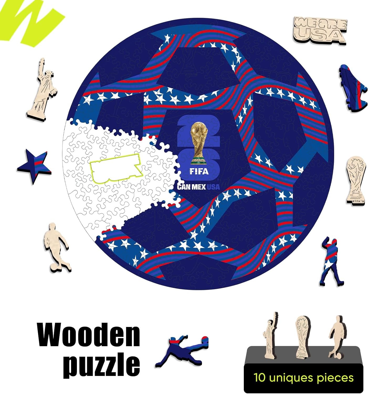 FIFA USA Poster Wooden Puzzle for Adult, 200 Pieces Irregular Shape Puzzle, 5MM Thick, Creative Collectible Gift for Fans, Officially Licensed Product, 11 x 11(Usa Ball-200)