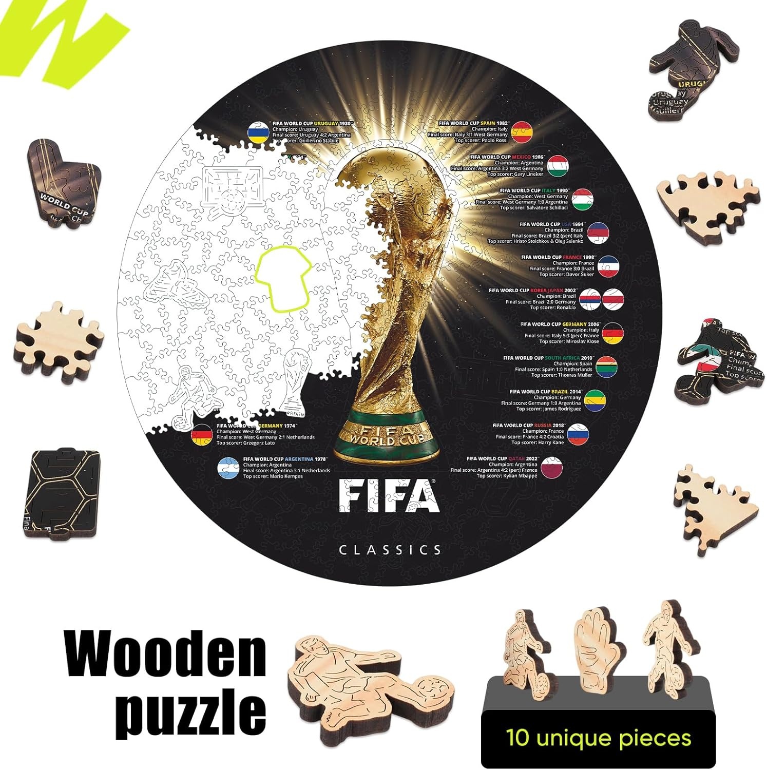 FIFA USA Poster Wooden Puzzle for Adult, 200 Pieces Irregular Shape Puzzle, 5MM Thick, Creative Collectible Gift for Fans, Officially Licensed Product, 11 x 11(Fifa Historic World Cups L50 Premium Puzzle)