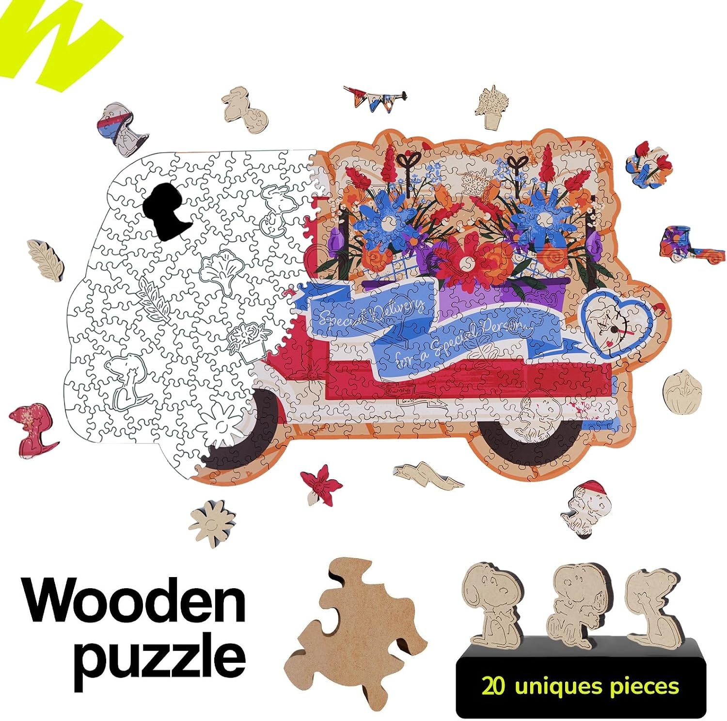 Peanuts Puzzles for Adults – Charlie Brown Wooden Puzzles, 300 Pieces Unique Shaped Jigsaw Puzzles, Snoopy Gifts for Women, 5MM Thick, Officially Licensed Merchandise – Good Ol Comic, 15.1″ x 10.6″(Blooms on Wheels)