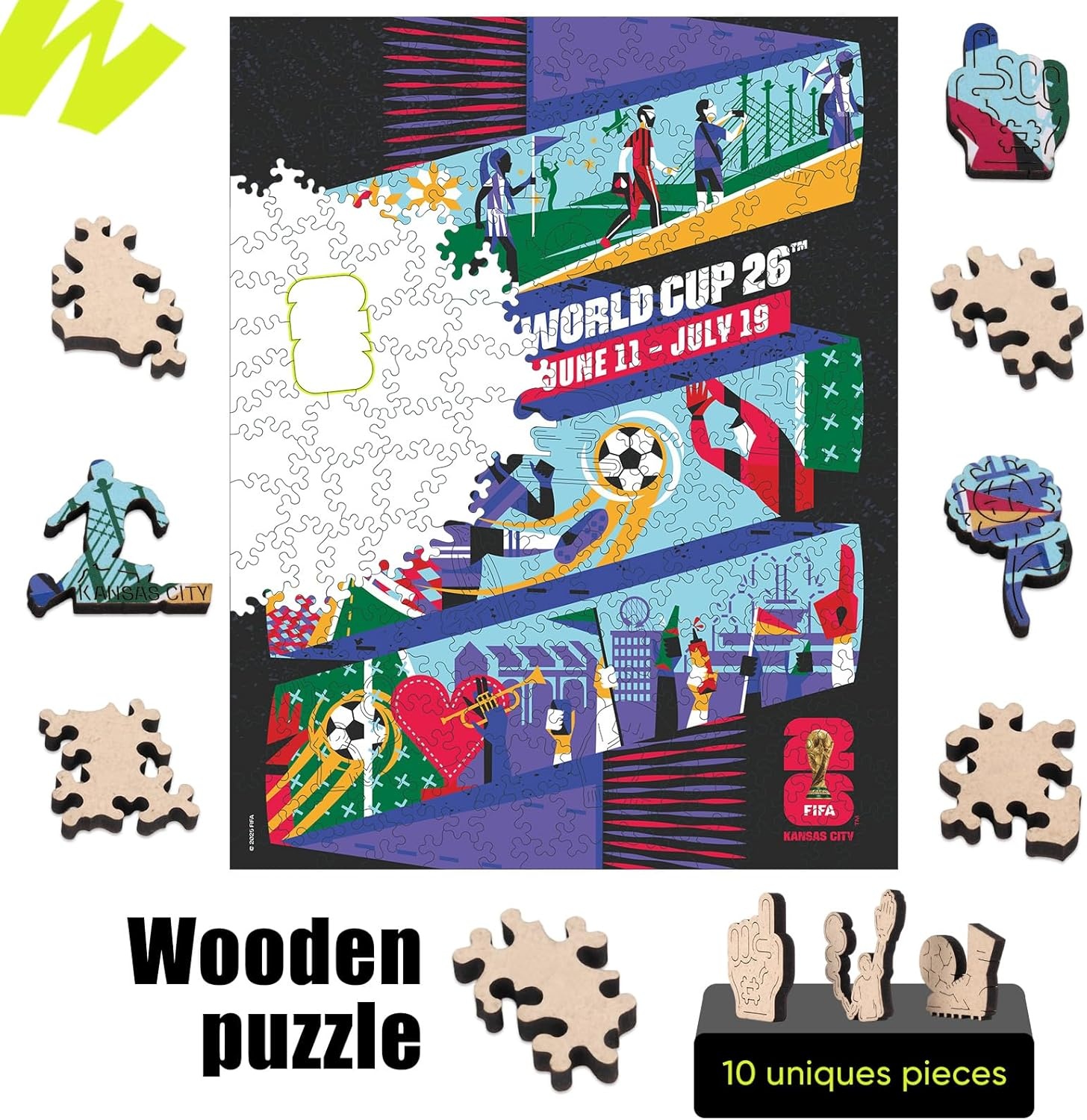 FIFA World Cup 2026 City Puzzle Kansas City Poster – Wooden Puzzle for Adult, 200 Pieces Irregular Shape Puzzle, 5MM Thick, Creative Collectible Gift for Fans, Officially Licensed Product, 9.3×11.8(Kansas)
