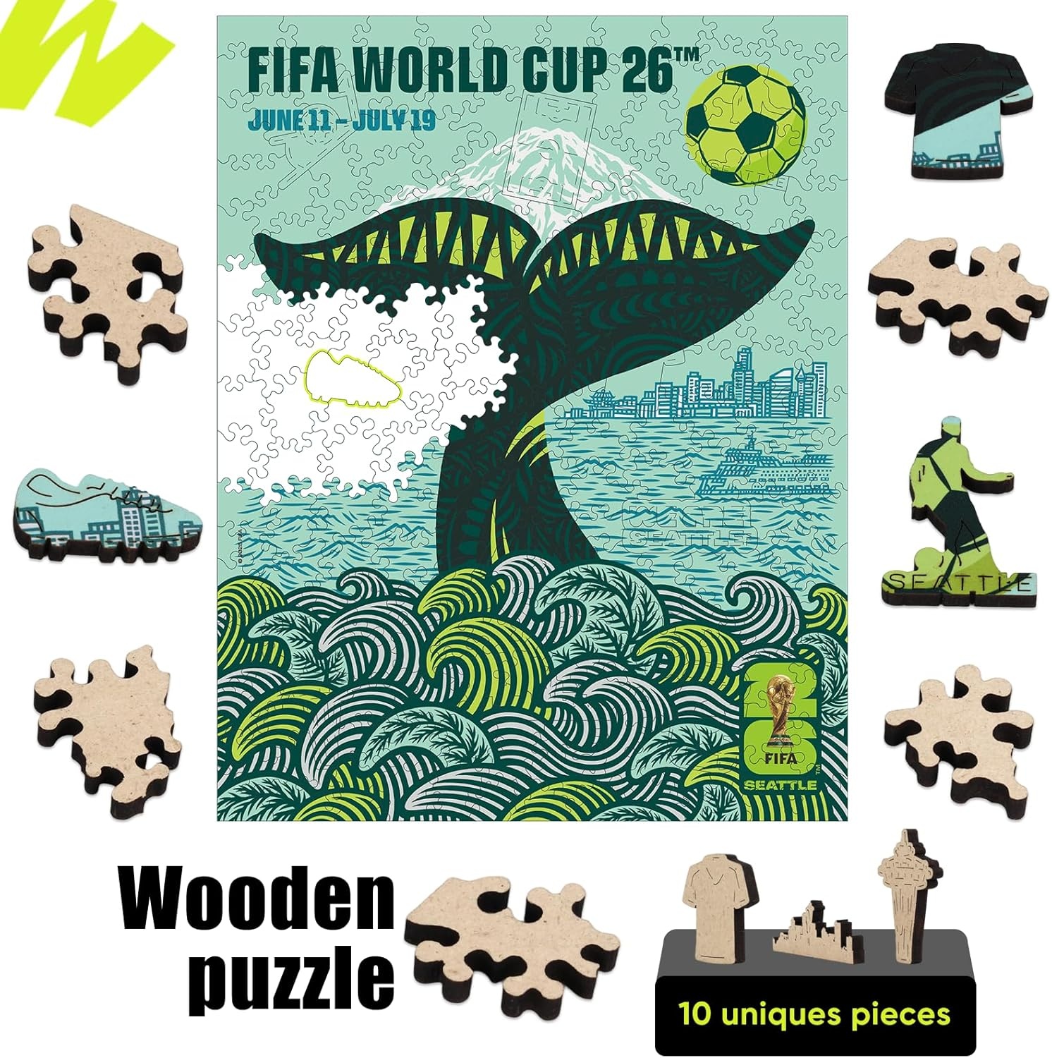 FIFA World Cup 2026 City Puzzle Kansas City Poster – Wooden Puzzle for Adult, 200 Pieces Irregular Shape Puzzle, 5MM Thick, Creative Collectible Gift for Fans, Officially Licensed Product, 9.3×11.8(Seattle)