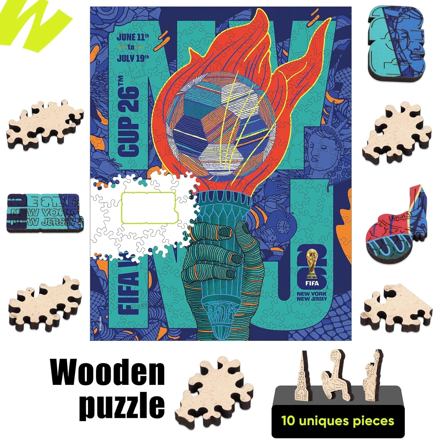 FIFA World Cup 2026 City Puzzle Kansas City Poster – Wooden Puzzle for Adult, 200 Pieces Irregular Shape Puzzle, 5MM Thick, Creative Collectible Gift for Fans, Officially Licensed Product, 9.3×11.8(Nynj)