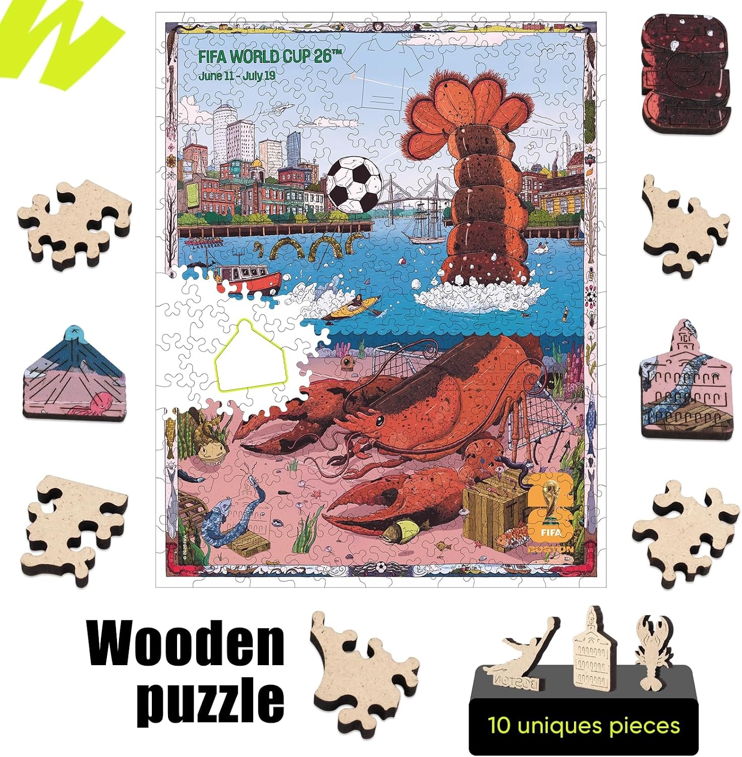 FIFA World Cup 2026 City Puzzle Kansas City Poster – Wooden Puzzle for Adult, 200 Pieces Irregular Shape Puzzle, 5MM Thick, Creative Collectible Gift for Fans, Officially Licensed Product, 9.3×11.8(Boston)