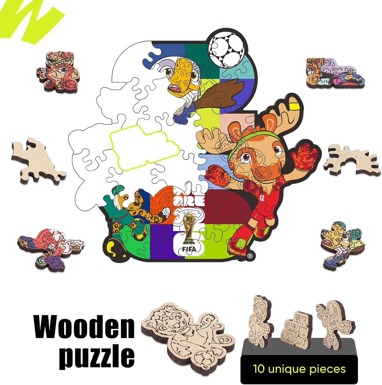 FIFA World Cup 2026 City Puzzle Kansas City Poster – Wooden Puzzle for Adult, 200 Pieces Irregular Shape Puzzle, 5MM Thick, Creative Collectible Gift for Fans, Officially Licensed Product, 9.3×11.8(Fifa Mascot 1)